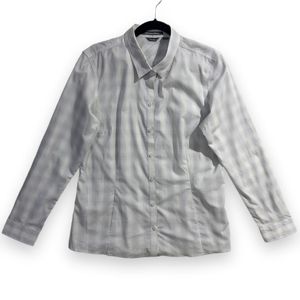 Eddie Bauer Womens White Plaid Button Down Shirt Stretch Wrinkle Resistant L NWT